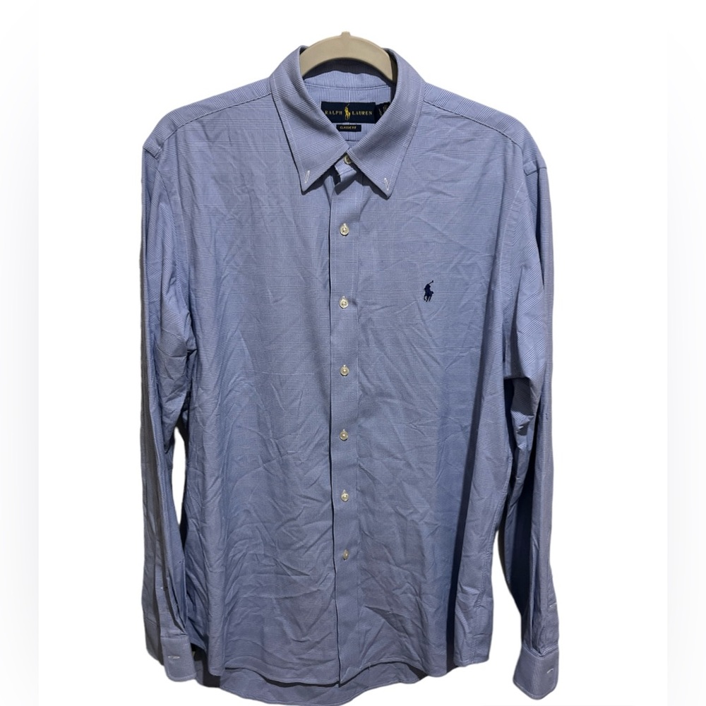 Ralph Lauren Shirt Men’s Large Button Down Custom Fit Blue Check Long Sleeve EUC